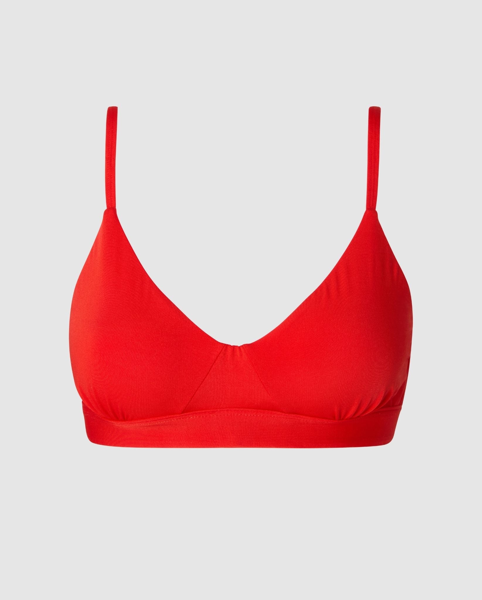 An medium cover scoop bralette with an red design.  