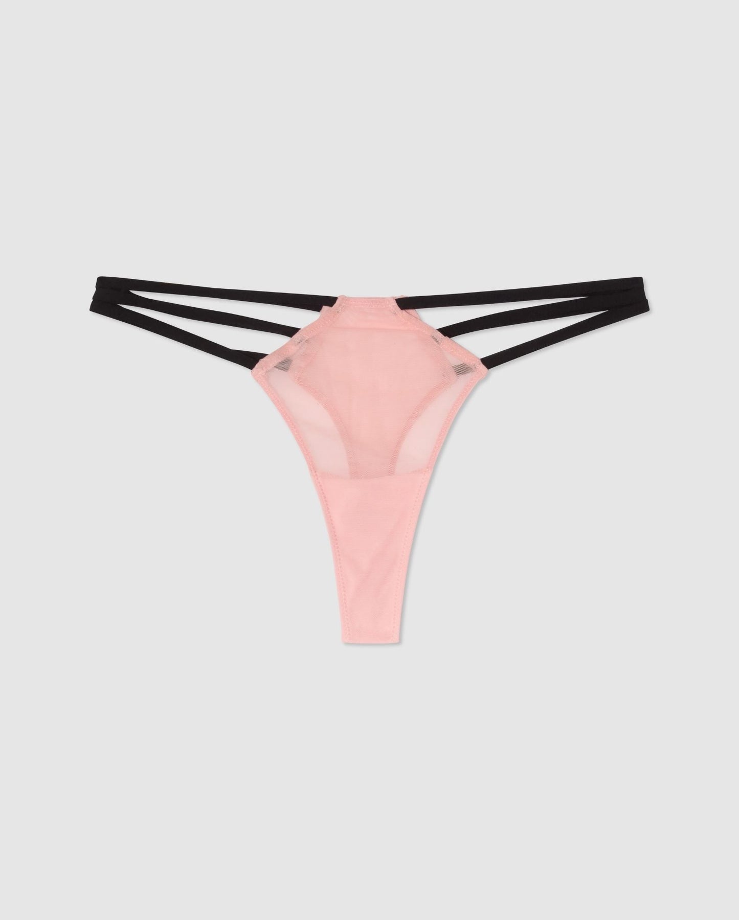An pink low rise high cut panty with black strap accessories.