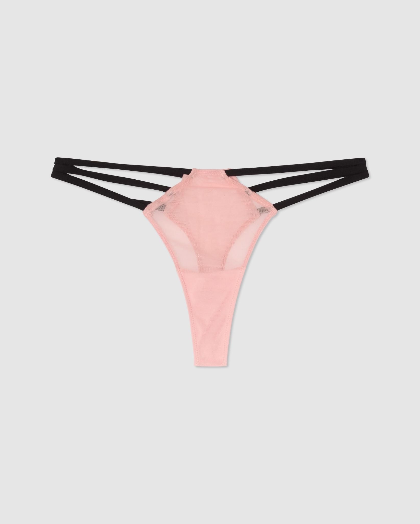 An pink low rise high cut panty with black strap accessories.