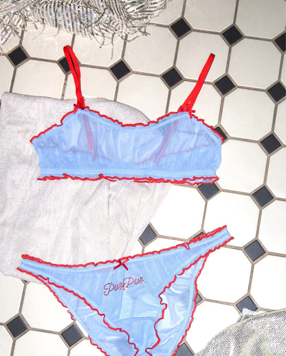 Mesh Ruffle Bikini Briefs Light Blue/Fiery Red